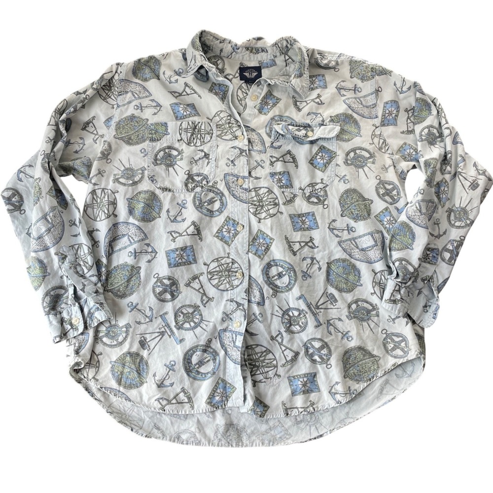 Dockers Nautical Print Button Shirt Mens‎ XL Blue White Coastal Sailing Preppy